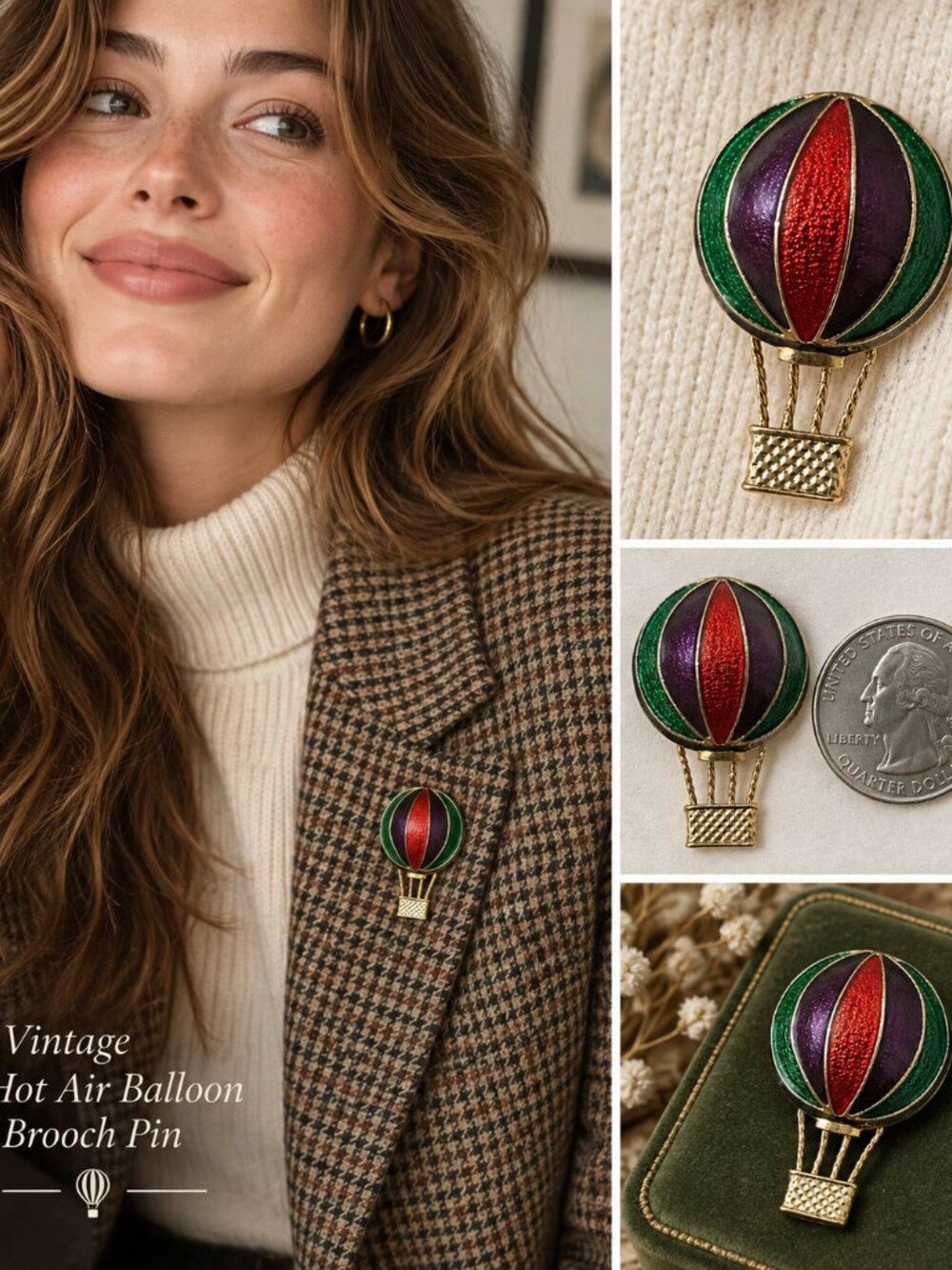 🎈🌟VTG Kim Rogers 80s Women's Hot Air Balloon Colorful Gold Tone Brooch Pin